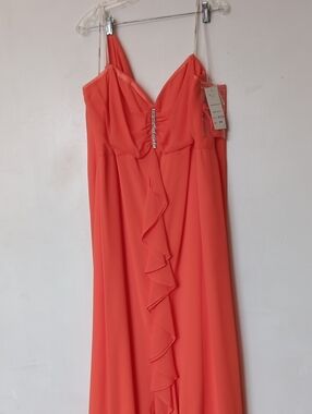 Faviana Coral Maxi Dress with Ruffle Cascade and Crystal Accent